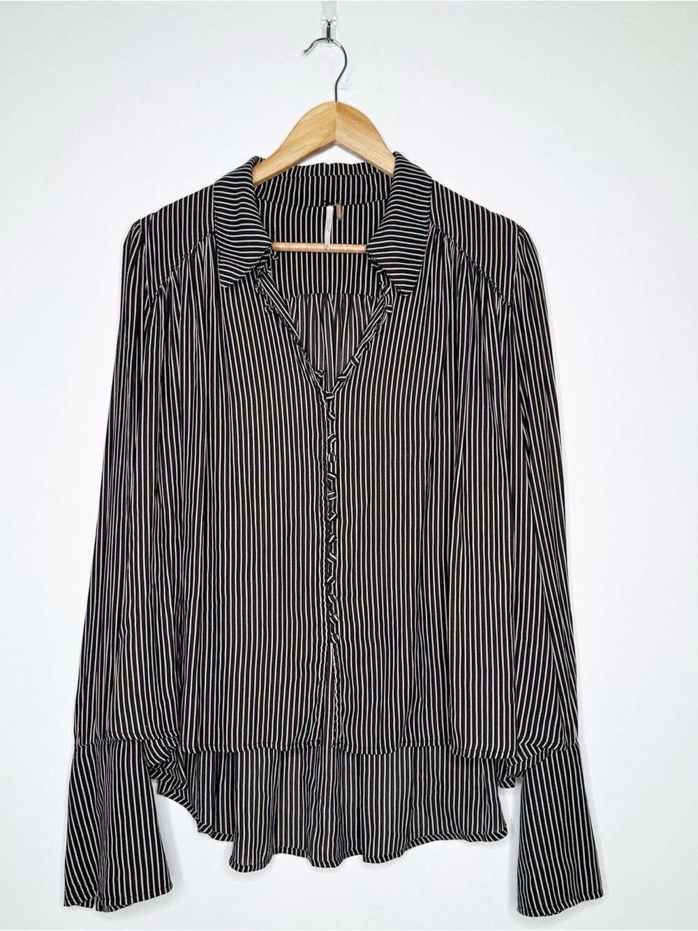 Free People Black White Stripe Button Down High Low Blouse Size Medium M